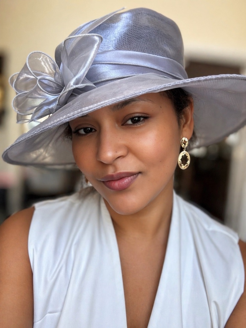 Josette Silver Wide Brim Hat Bow Church Kentucky Derby Wedding Tea Party